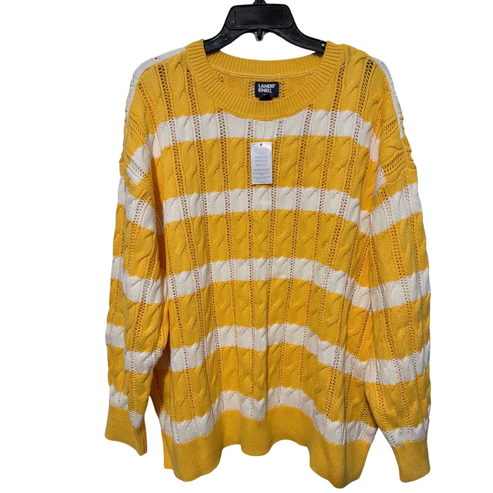 Lands End‎ Drifter Yellow White Striped Cable Knit Sweater 3X 24W-26W NEW